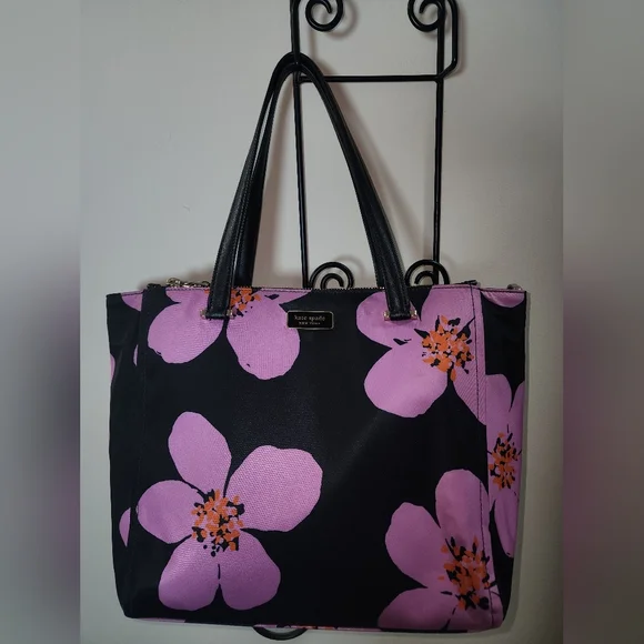 Kate Spade Floral Black Purple Tropical Shoulder Purse Hawaiian Print - Picture 1 of 11